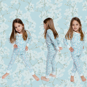 Norani Baby Pajamas in blue and white cherry blossom flowers