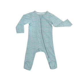 Norani Baby Footed ZIpper Onesie in green and white stripes