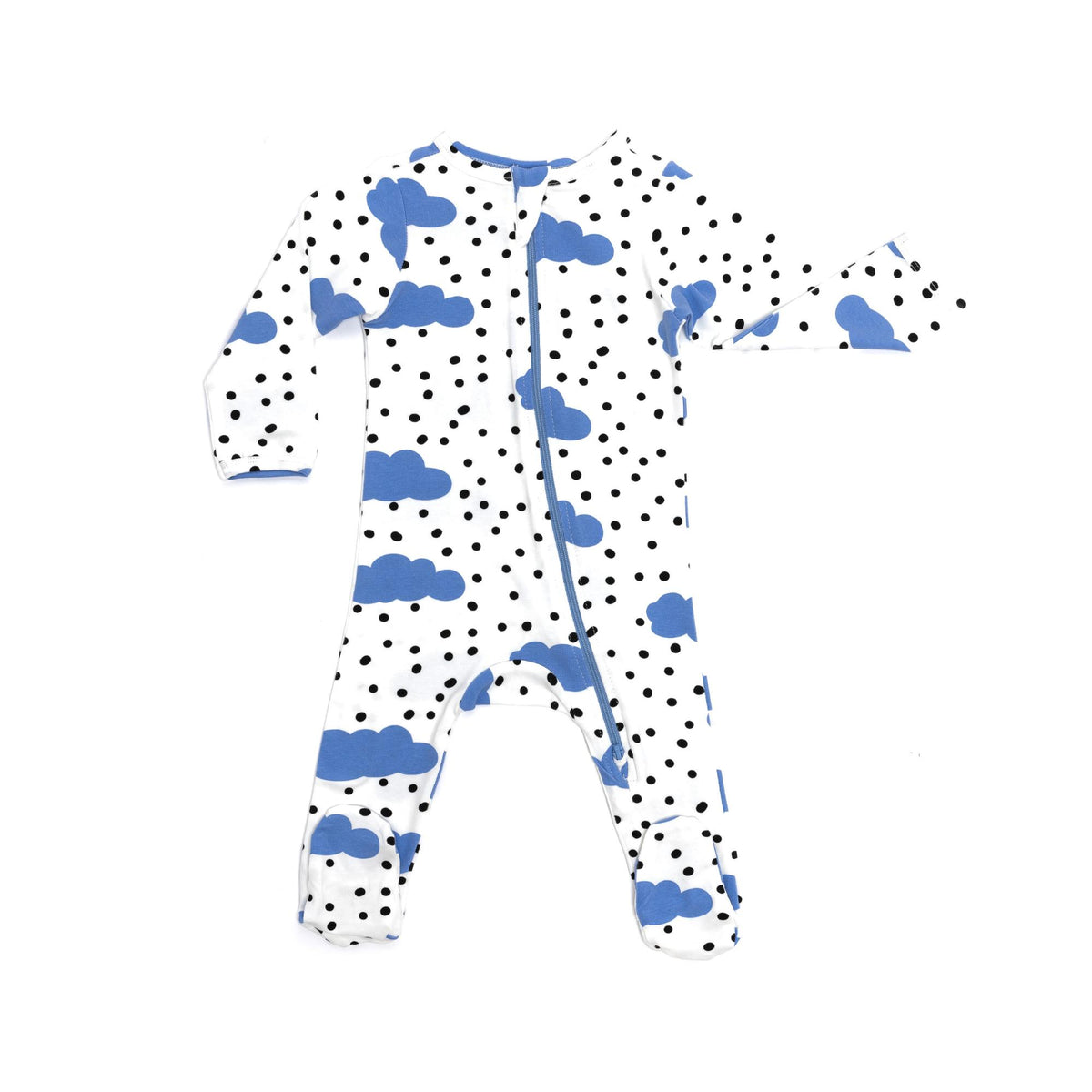 Norani Baby footed onesie baby blue and white happy clouds with polkadots with zipper