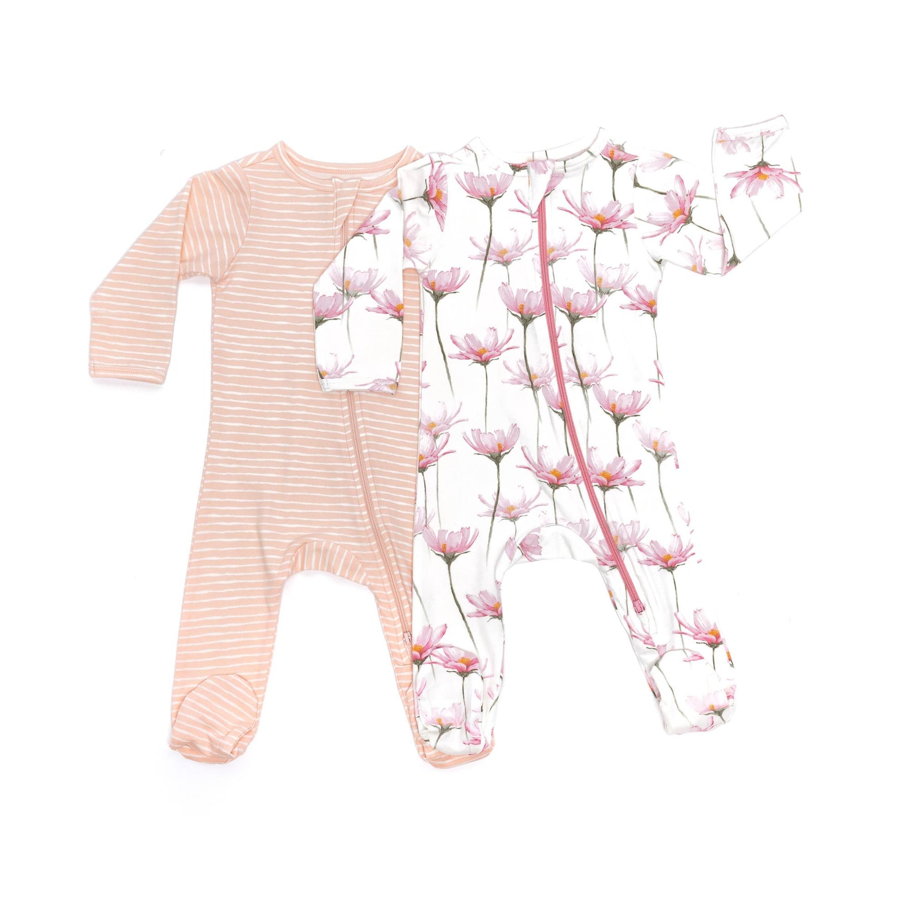 Norani Baby Footed ZIpper Onesie in Pink and White Petal Flowers