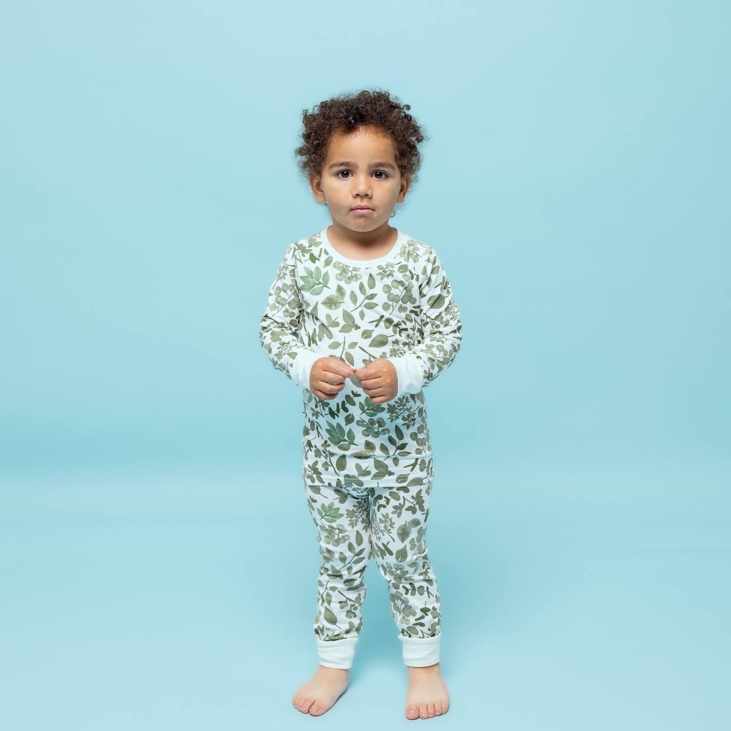 Norani Baby Long Sleeve Kids Pajamas in Green Botanical Leaves