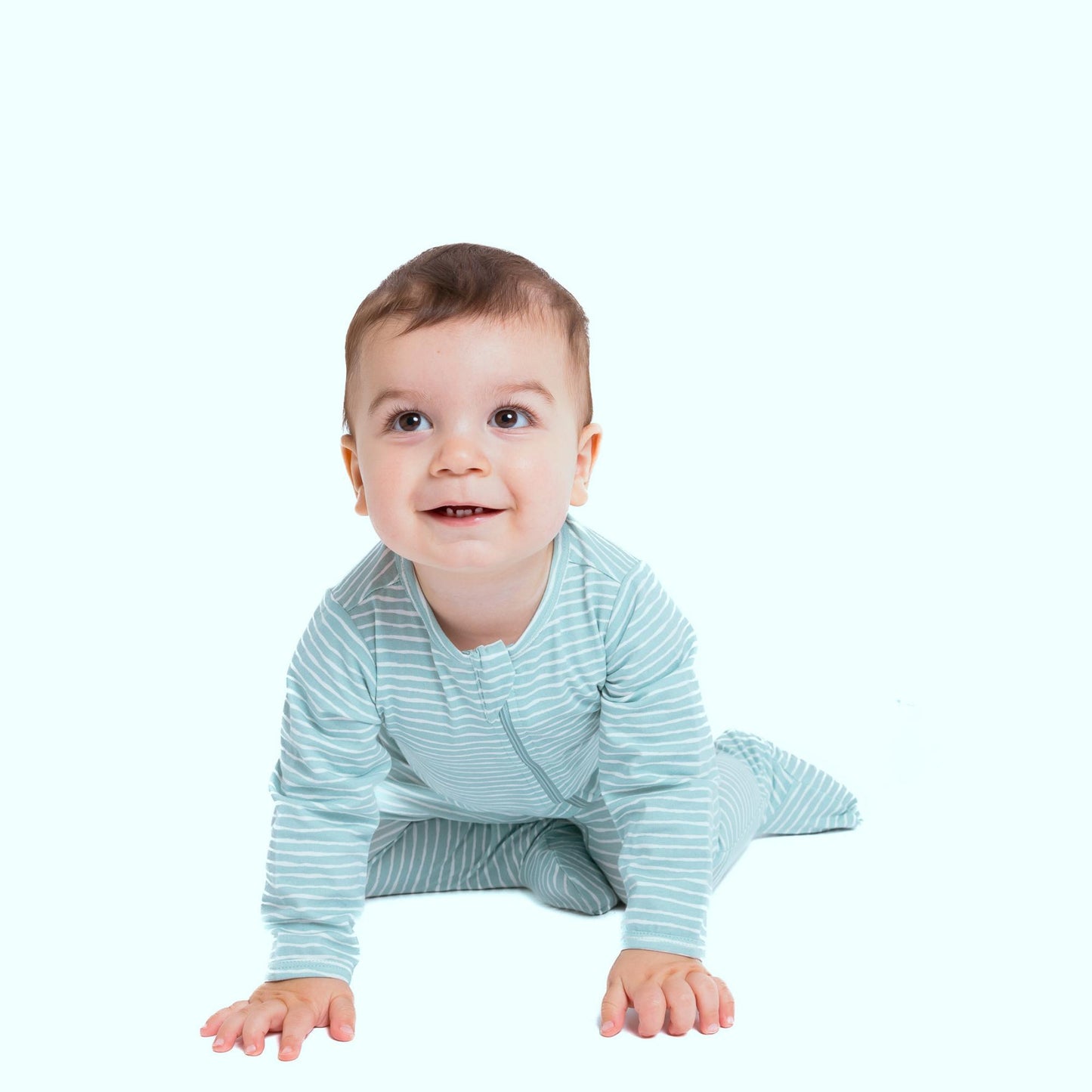 Norani Baby Footed ZIpper Onesie in green and white stripes