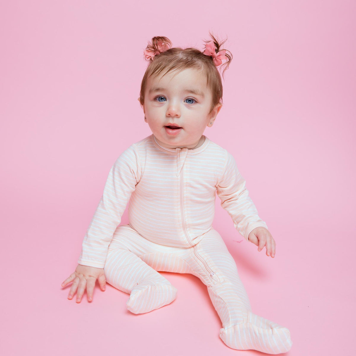 Norani Baby Footed Zipper Onesie in Pink and White Stripes