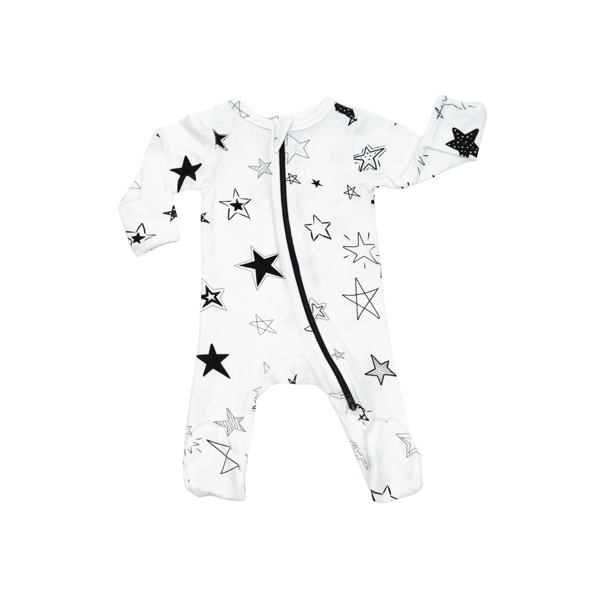 Norani Baby Footed Zipper Onesie in Black and White Stars