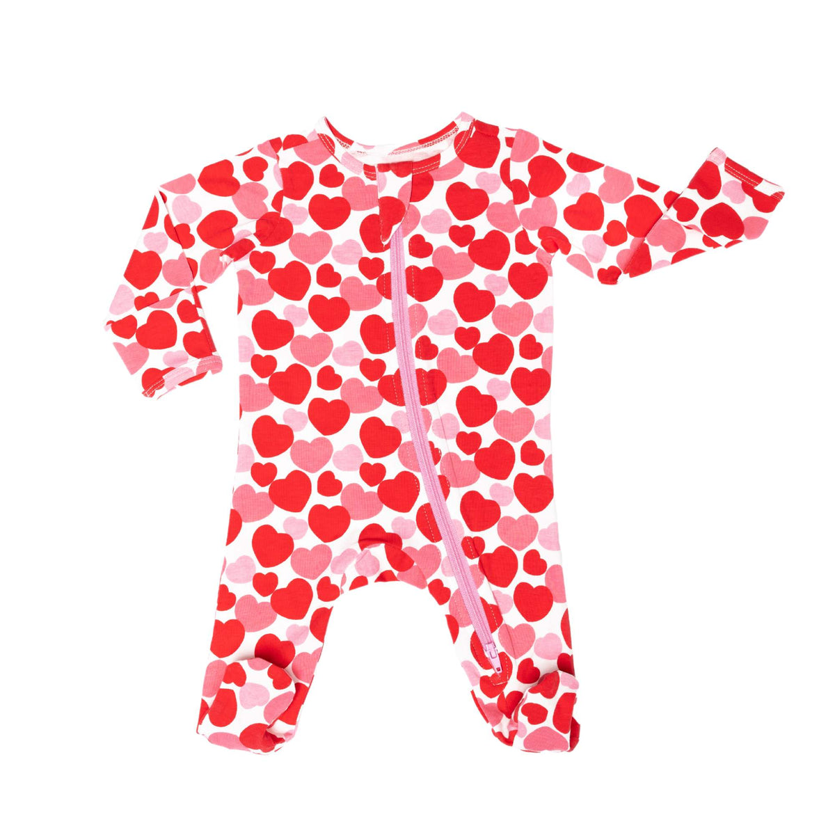 Norani Baby Footed Zipper Onesie in REd and Pink Hearts
