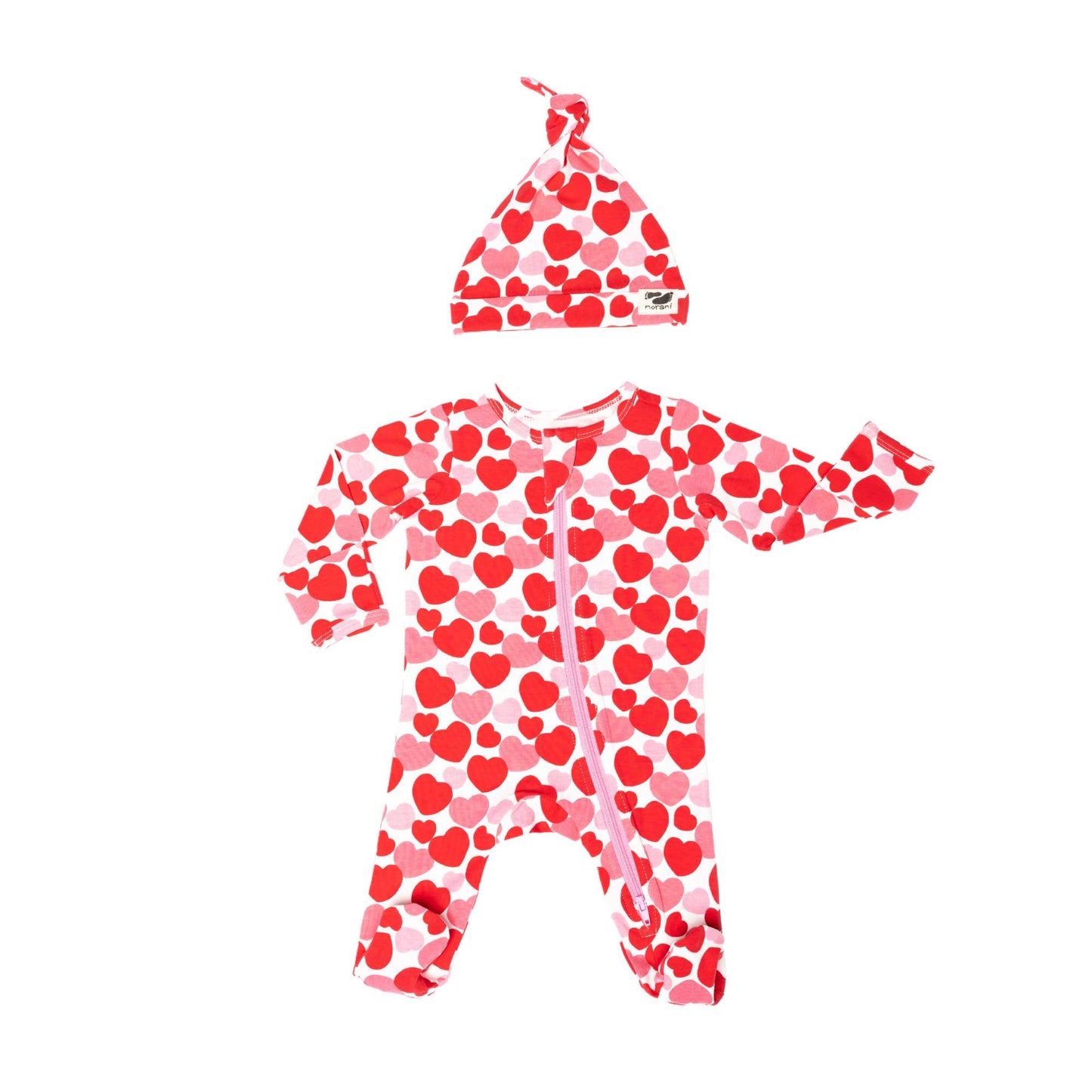 Norani Baby Footed Zipper Onesie in REd and Pink Hearts