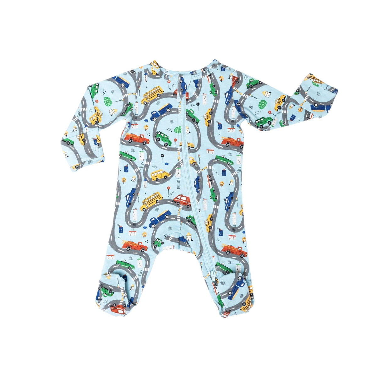 Norani Baby Footed zipper onesie in colorful cars