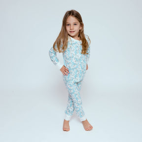 Norani Baby Pajamas in blue and white cherry blossom flowers