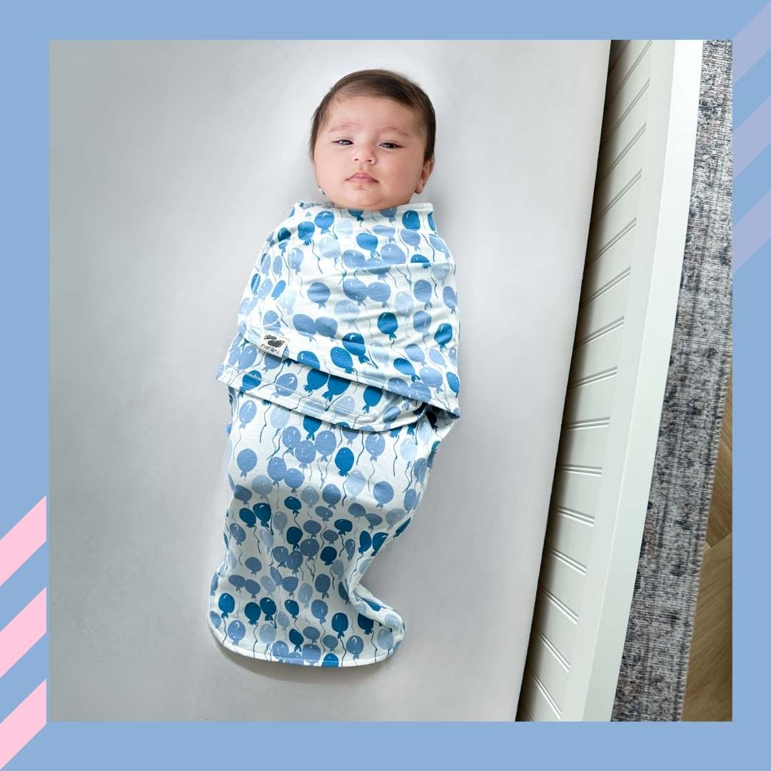 Baby Swaddled in Snugababe Swaddle Sleep Pod - Blue Balloons