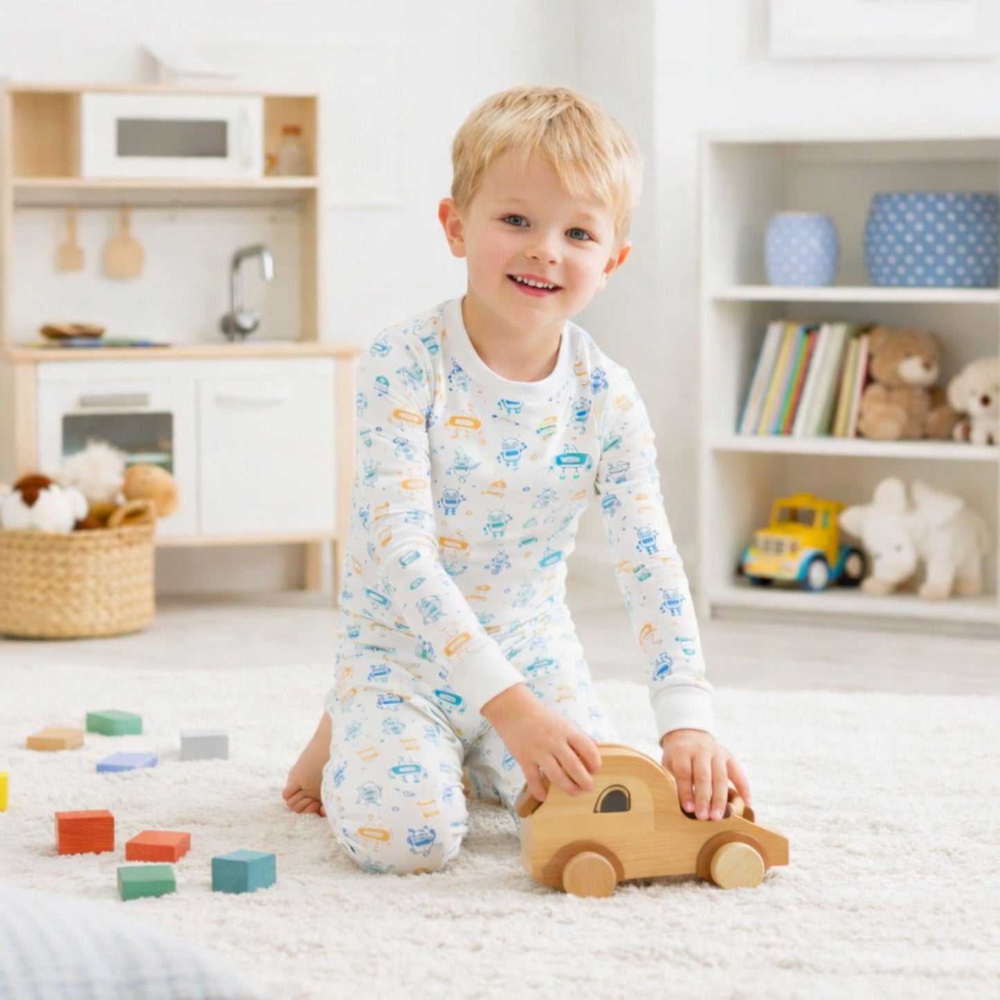 Child playing with a wooden toy car in a room with shelves and toys in norani baby pajamas