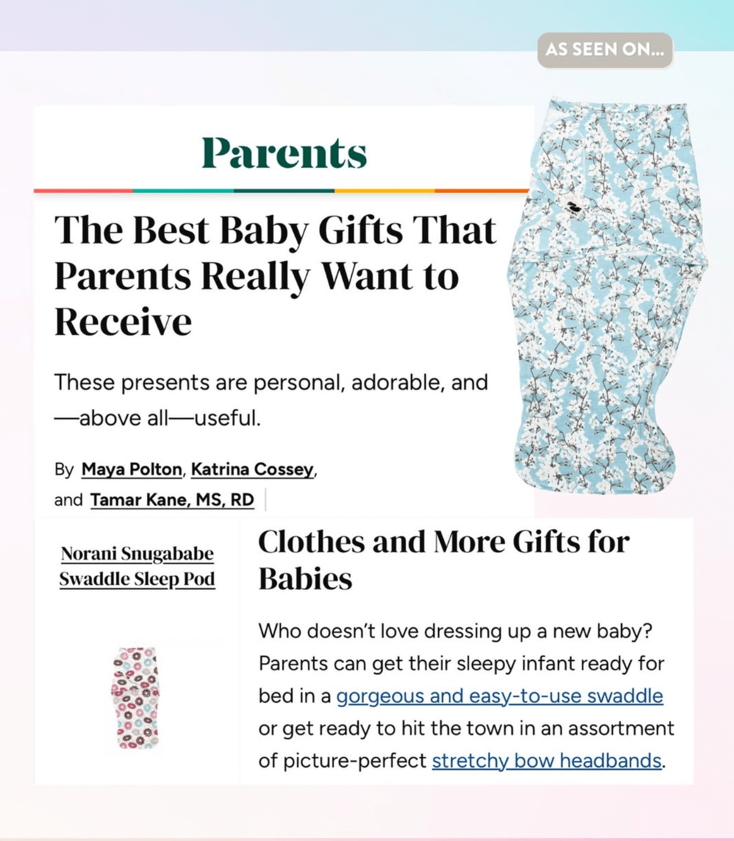 Norani Baby’s Snugababe Swaddle Named a Best Baby Gift by Parents Magazine - Norani Baby