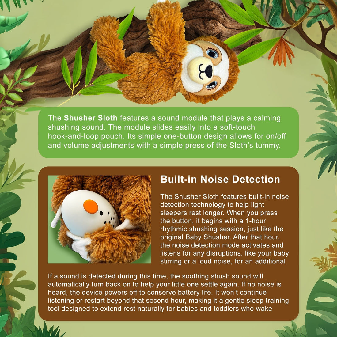 Shusher Sloth + 6 - Pack Shushie™ Pacifiers – Soothing Bundle with Cuddly Cry Detection - Norani Baby