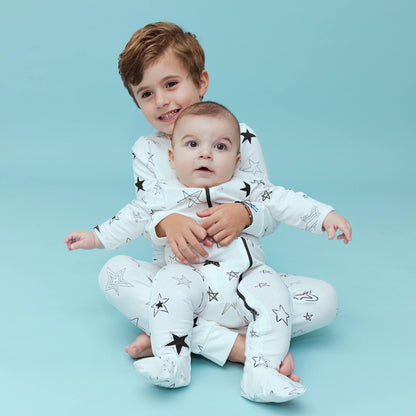 Norani Baby Footed Zipper Onesie in Black and White Stars