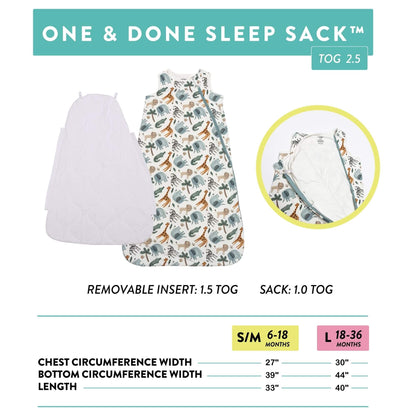 Norani Baby One and Done Sleep Sack Showing Features and Sizing