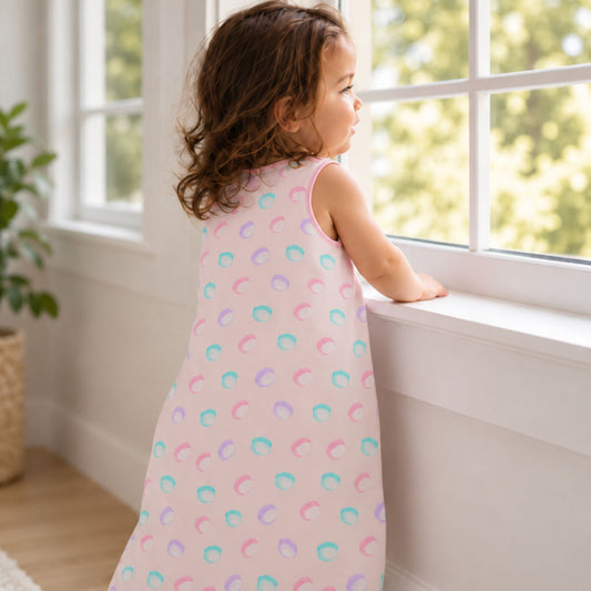 A toddler girl with brown hair stands by a window wearing a sleeveless light pink baby sleep sack with a pastel rainbow crescent moon pattern.