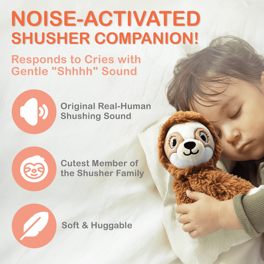 Baby Shusher Sloth – Plush Sound Machine with Real Shushing Sound & Smart Cry Detection - Norani Baby