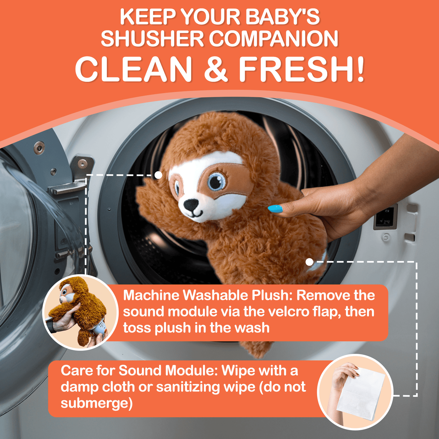 Baby Shusher Sloth – Plush Sound Machine with Real Shushing Sound & Smart Cry Detection - Norani Baby
