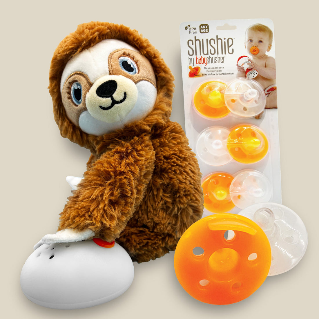 Shusher Sloth + 6 - Pack Shushie™ Pacifiers – Soothing Bundle with Cuddly Cry Detection - Norani Baby