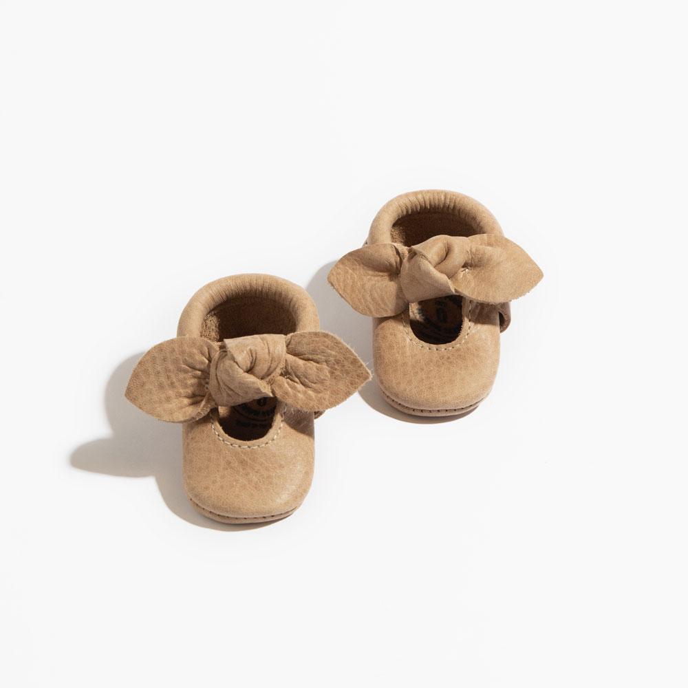 Newborn Weathered Brown Knotted Bow Baby Shoe - Norani Baby