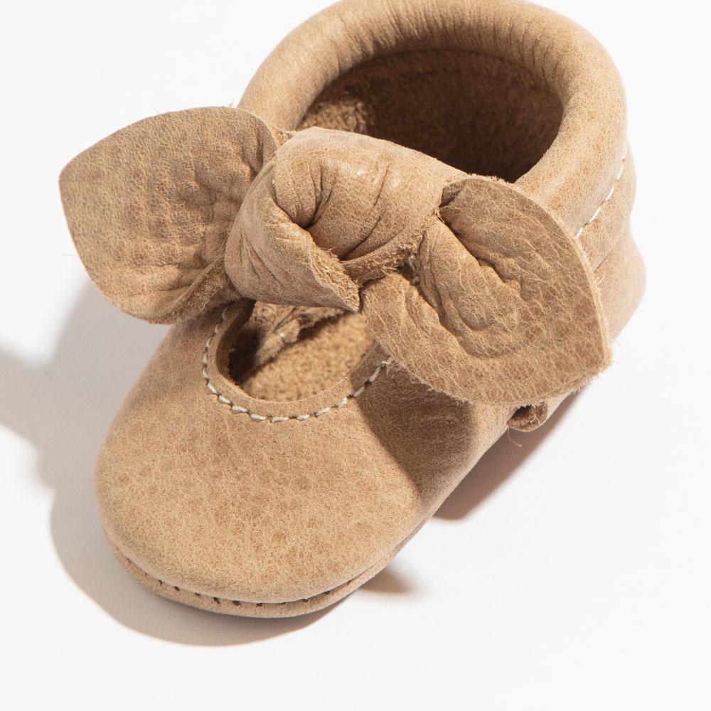 Newborn Weathered Brown Knotted Bow Baby Shoe - Norani Baby