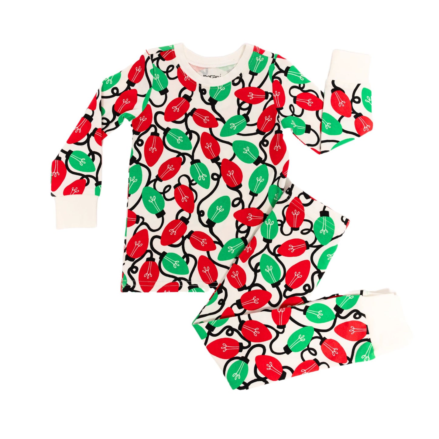 Norani Baby Holiday Pajamas for kids in bright red and green lights
