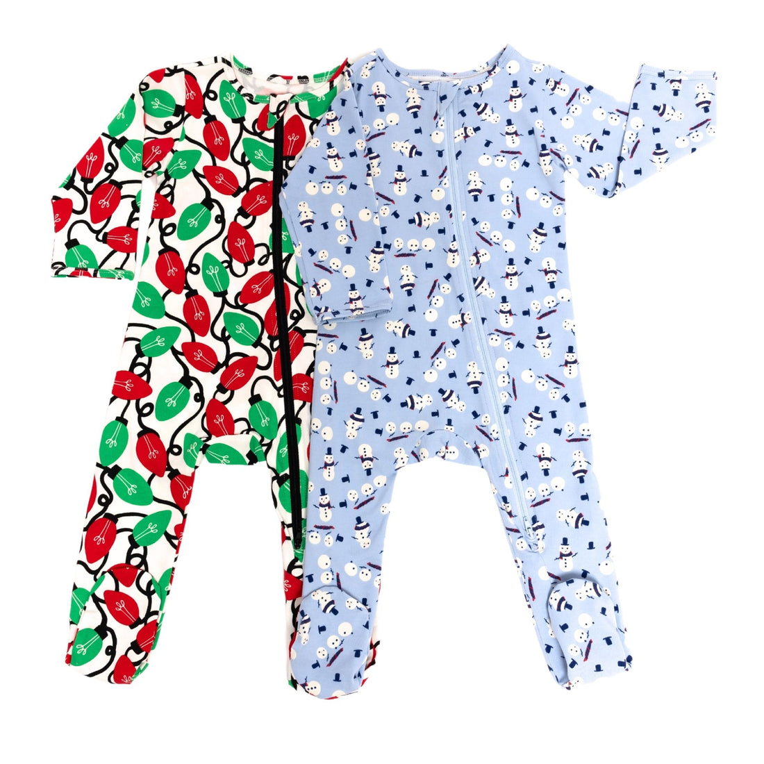 Norani Baby Organic Footie - Holiday Snowman in blue and red and green lights
