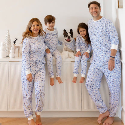 Norani Baby Holiday Matching family Pajamas for adults  and Kids in blue with melting snowmen