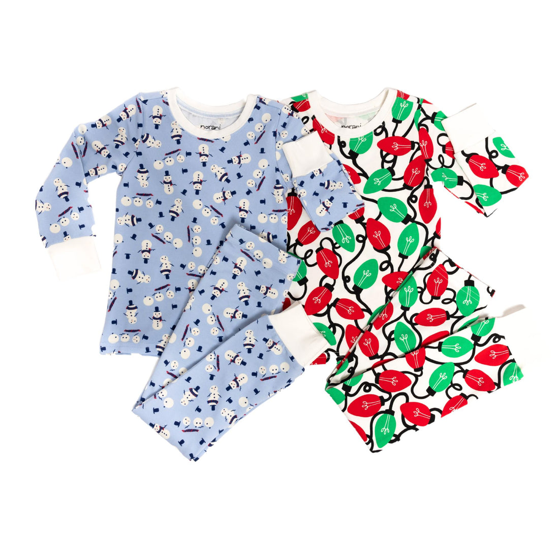 Norani Baby Holiday Pajamas for kids in bright red and green lights
