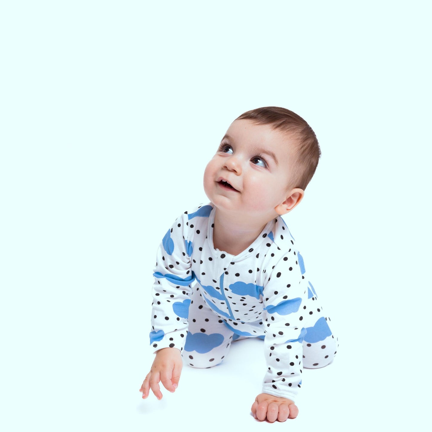 Norani Baby footed onesie baby blue and white happy clouds with polkadots with zipper