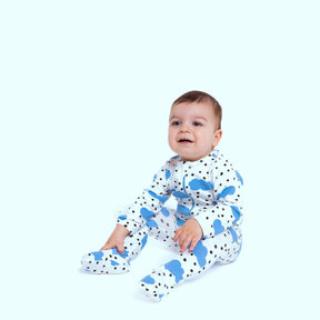 Norani Baby footed onesie baby blue and white happy clouds with polkadots with zipper