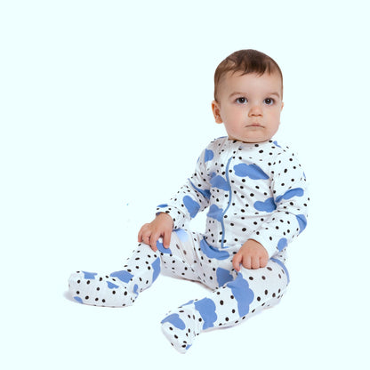 Norani Baby footed onesie baby blue and white happy clouds with polkadots with zipper
