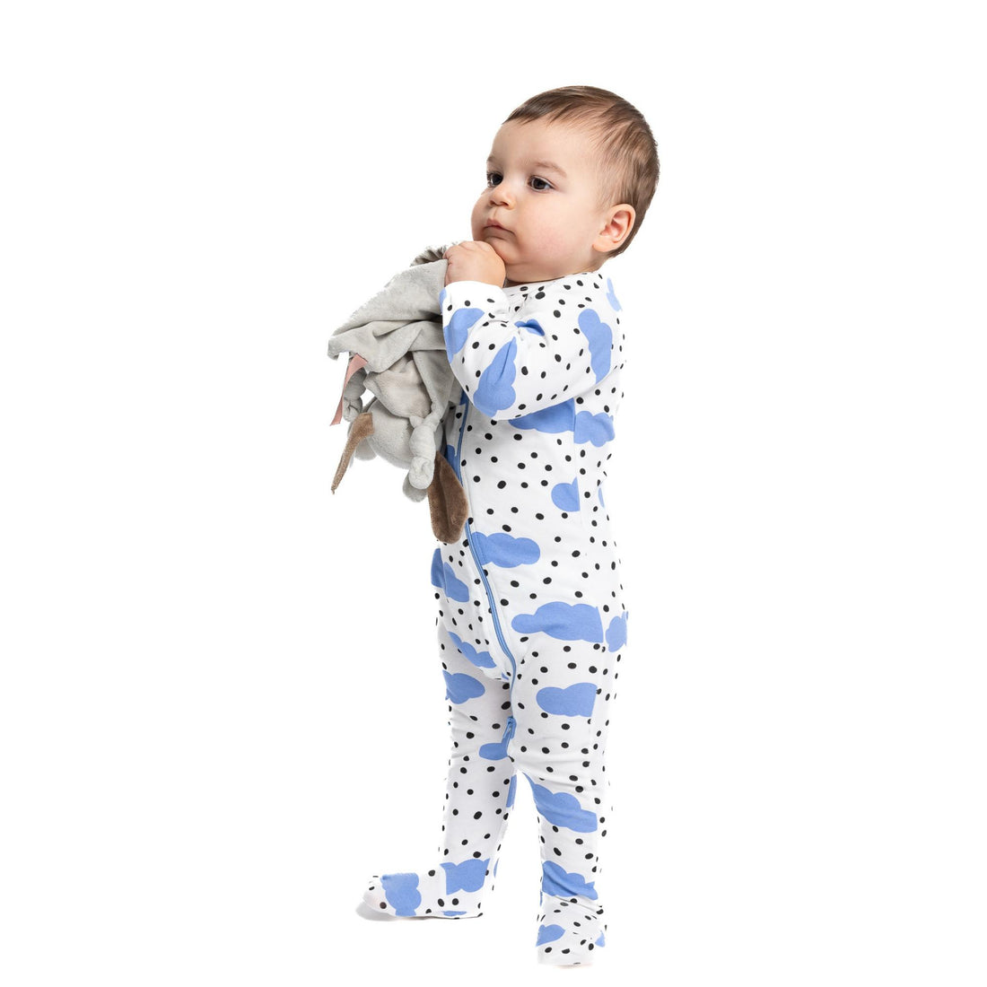 Norani Baby footed onesie baby blue and white happy clouds with polkadots with zipper