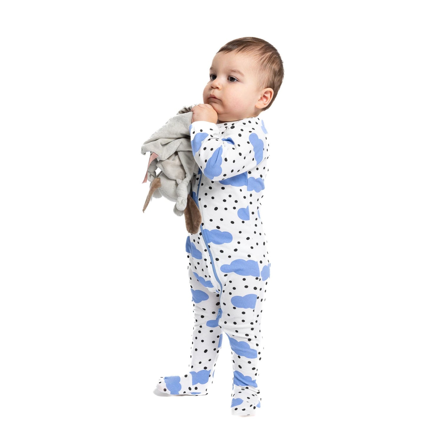 Norani Baby footed onesie baby blue and white happy clouds with polkadots with zipper
