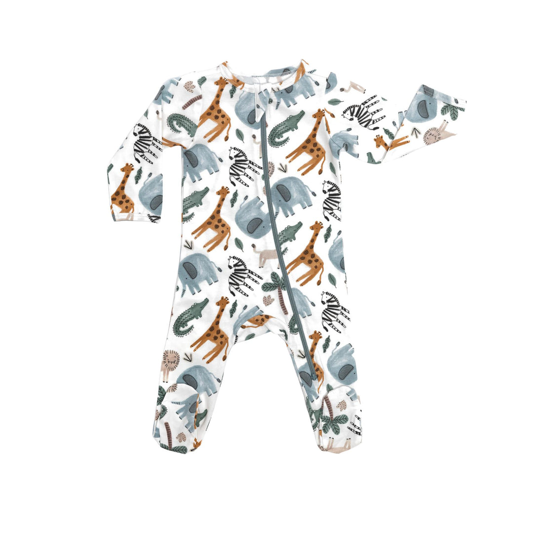 Norani Baby Footed Zipper Onesie in Cute Safari Animals Print