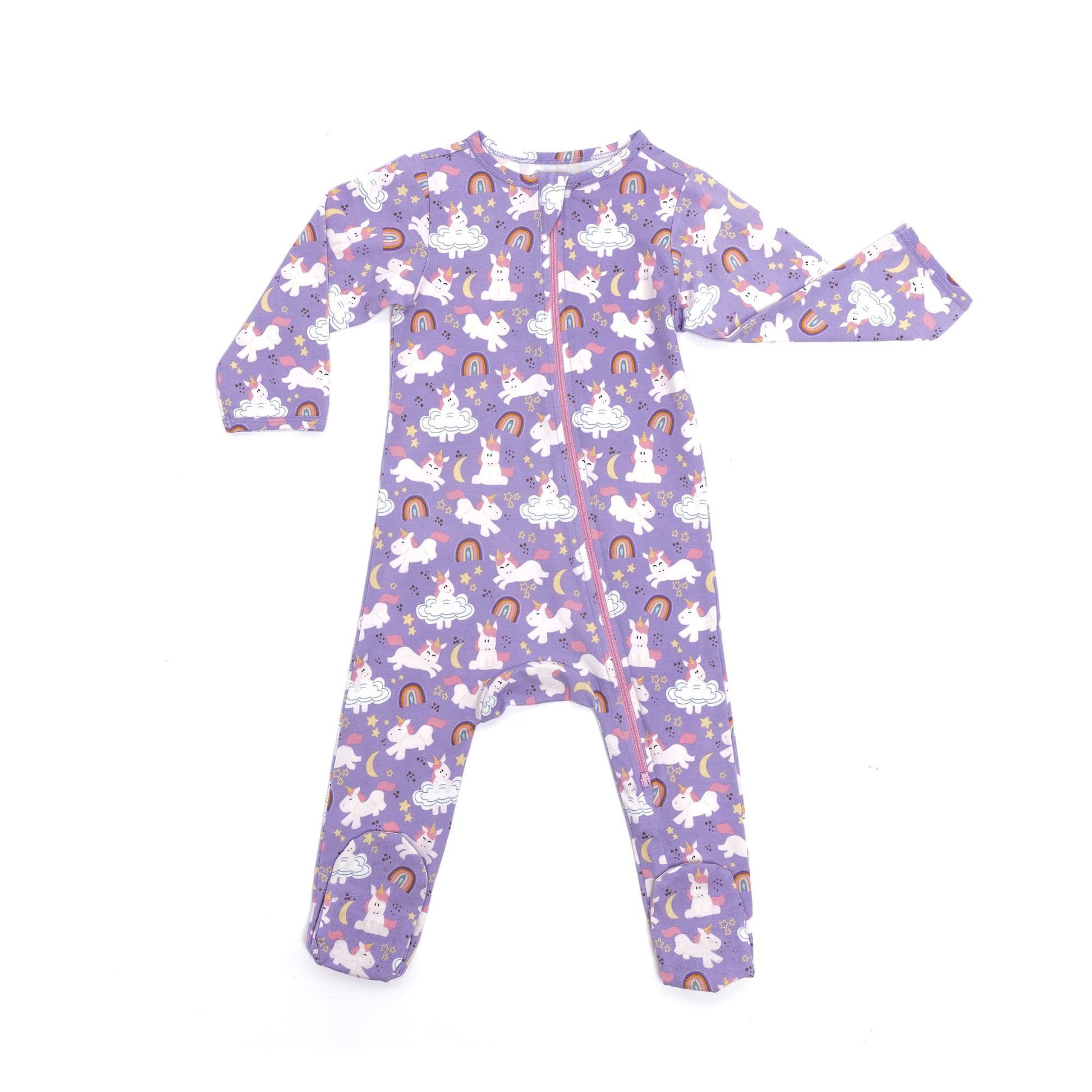 Norani Baby Footed Zipper Onesie in Purple Unicorns and Rainbows