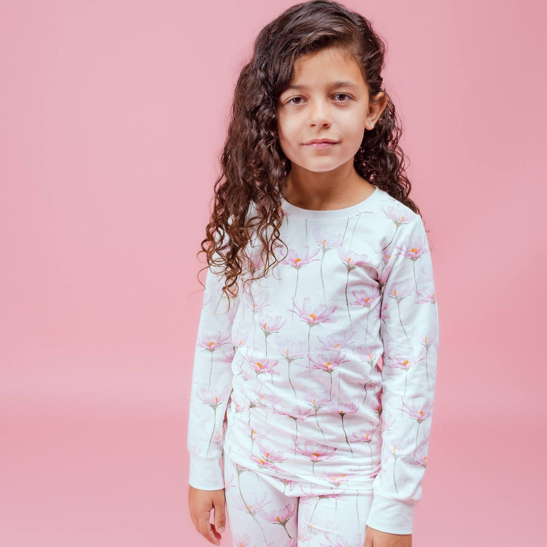  Norani Baby Long Sleeve Kids Pajamas in Pink and White Petals Flowers