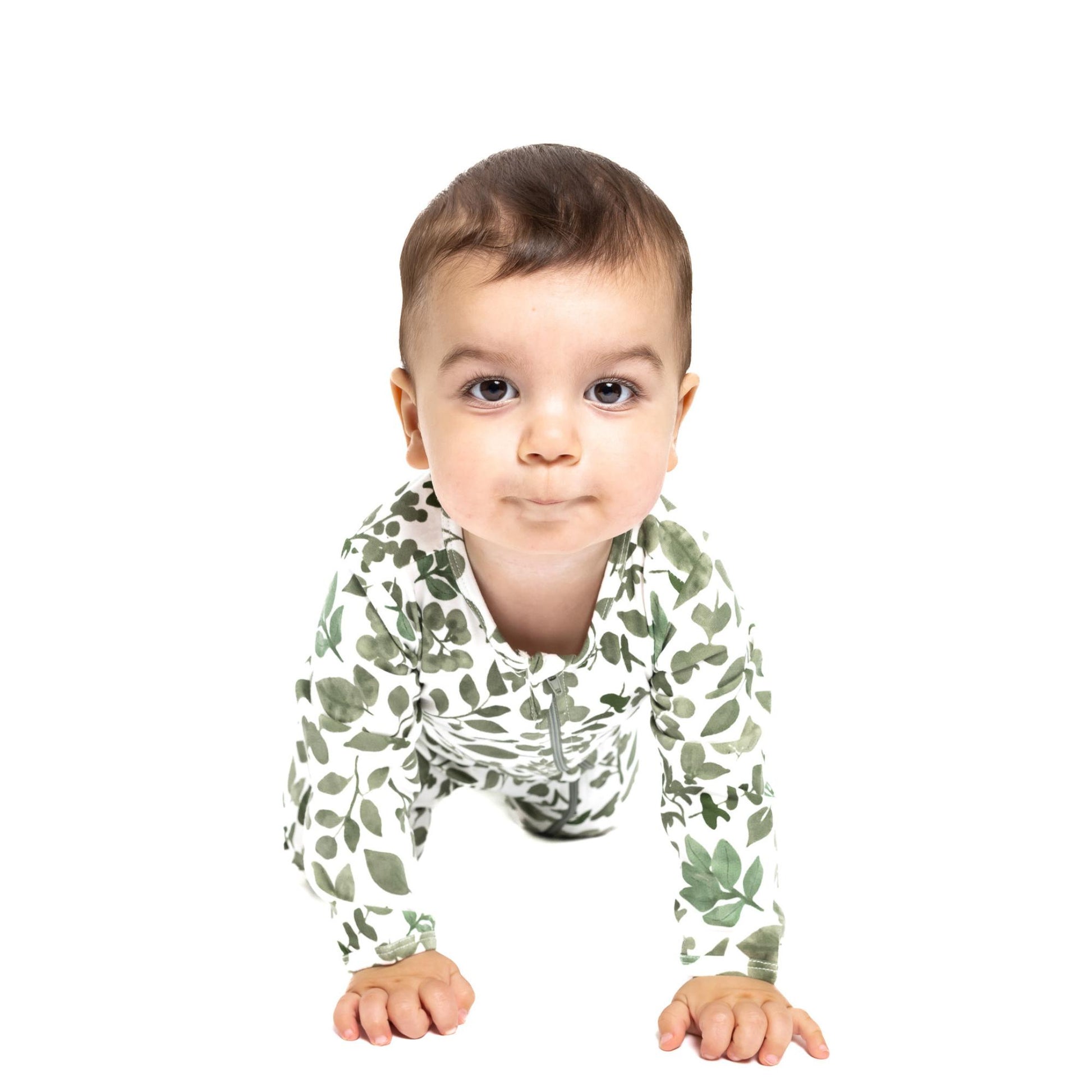 Norani Baby Footed Zipper Onesie in Green Leaves