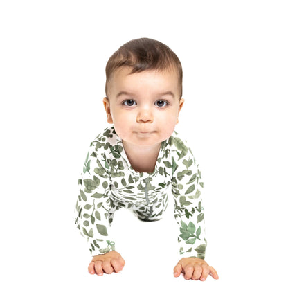 Norani Baby Footed Zipper Onesie in Green Leaves