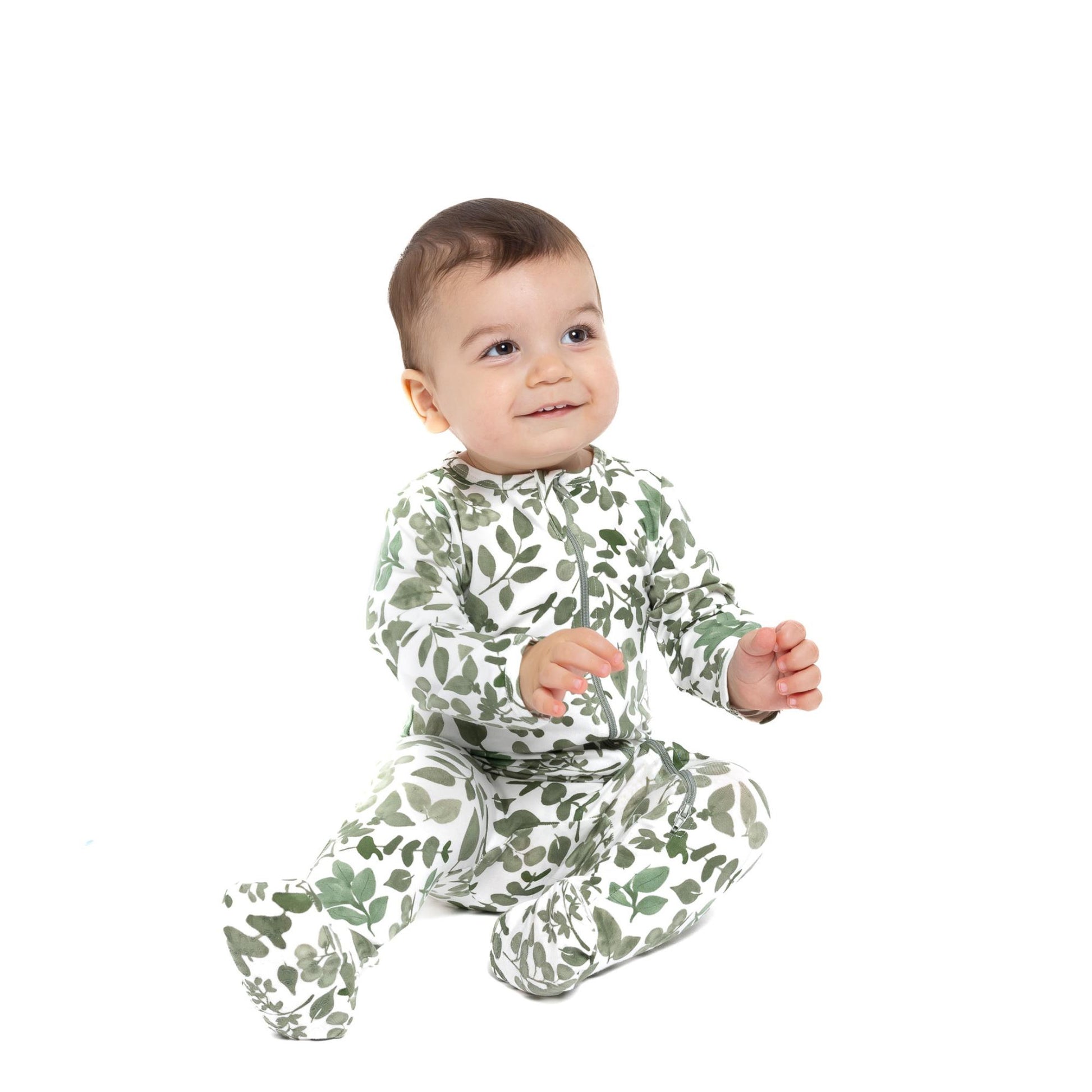 Norani Baby Footed Zipper Onesie in Green Leaves