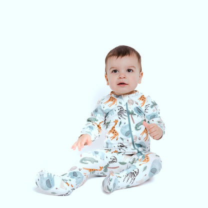 Norani Baby Footed Zipper Onesie in Cute Safari Animals Print