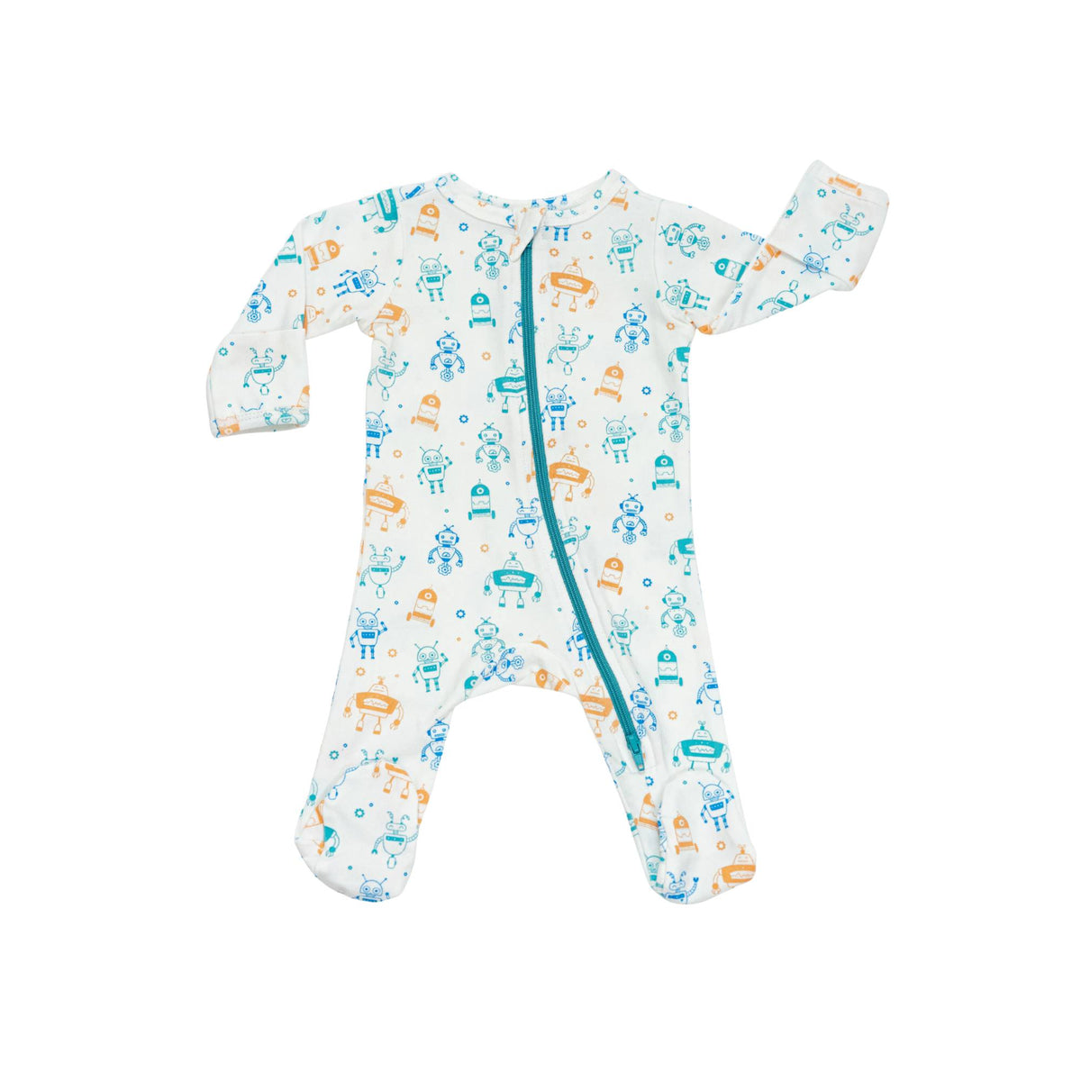 Norani Baby Footed Zipper Onesie in Blue Green and Orange Robots