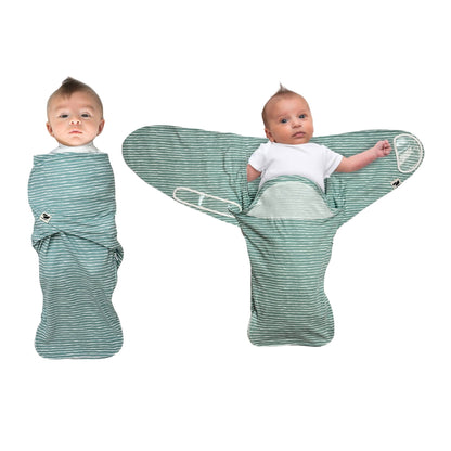 norani baby snugababe sleep pod in green and white stripes.