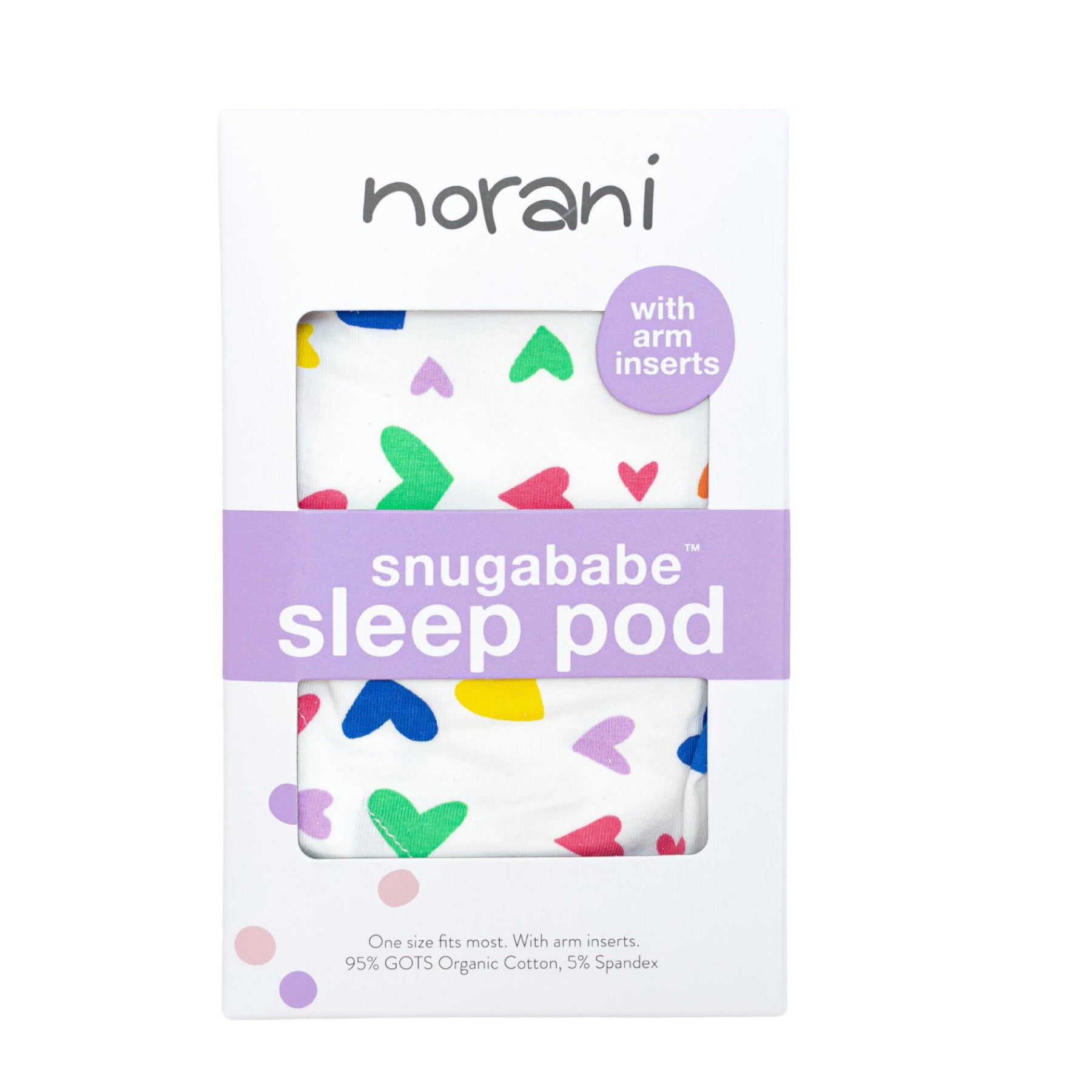 Norani Baby snugababe swaddle pod in colorful hearts