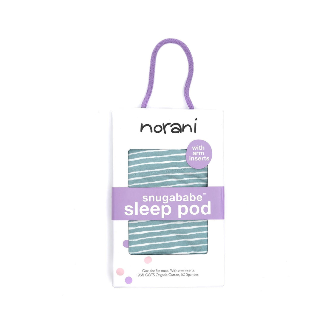 norani baby snugababe sleep pod in green and white stripes.