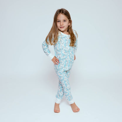 Norani Baby Pajamas in blue and white cherry blossom flowers