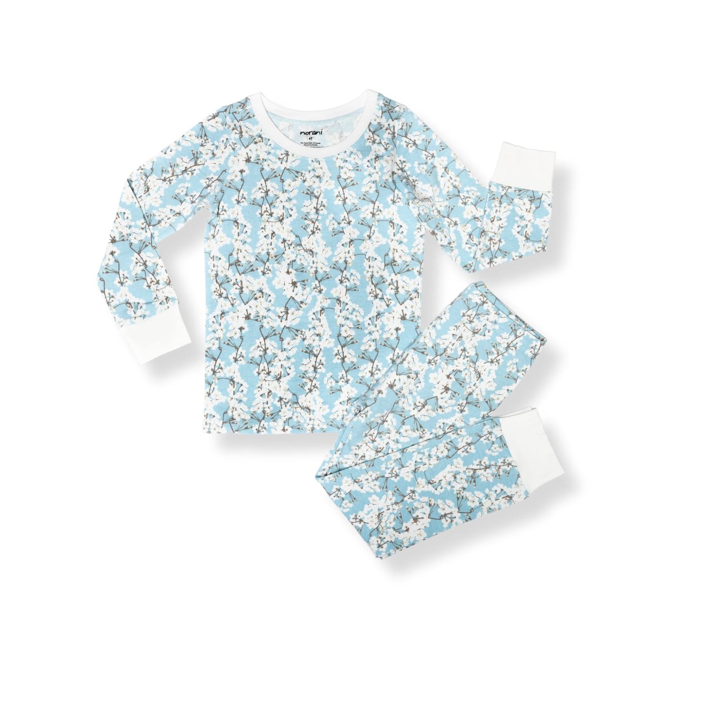 Norani Baby Pajamas in blue and white cherry blossom flowers