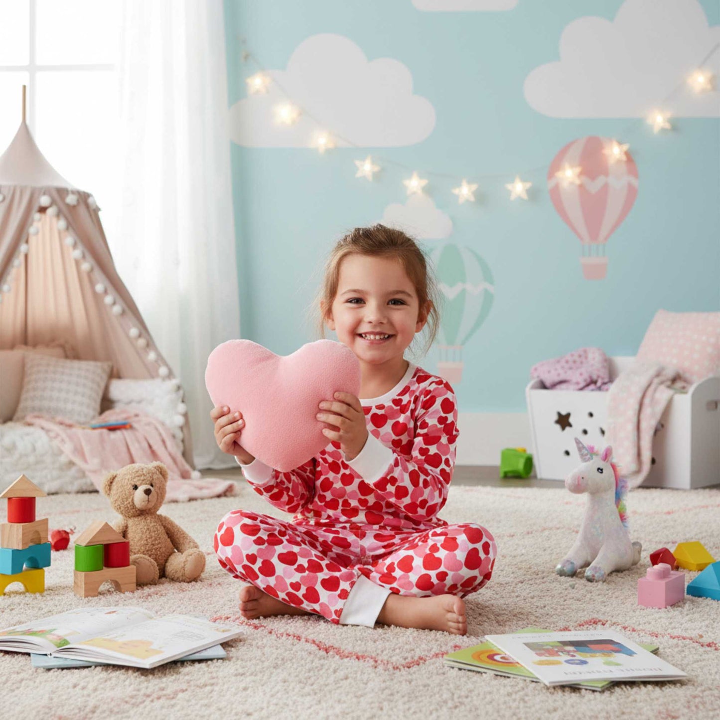 Child in  heart-patterned pajamas by norani baby holding a pink heart pillow in a playroom with toys and decorations.