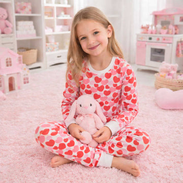 Young girl in pink heart-patterned pajamas  by norani baby holding a plush bunny in a pink-themed room.