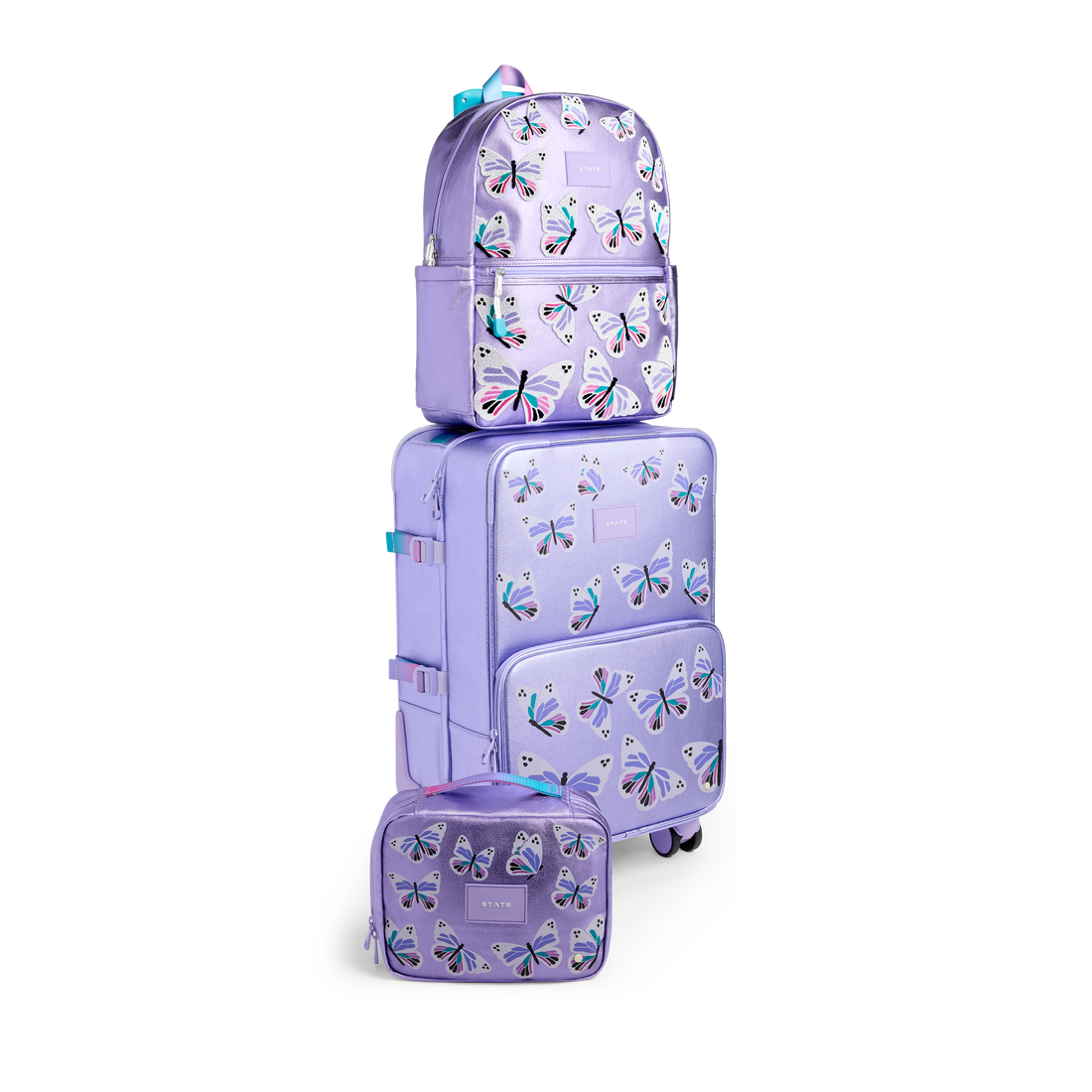 Set of purple butterfly-patterned luggage and backpack on a white background