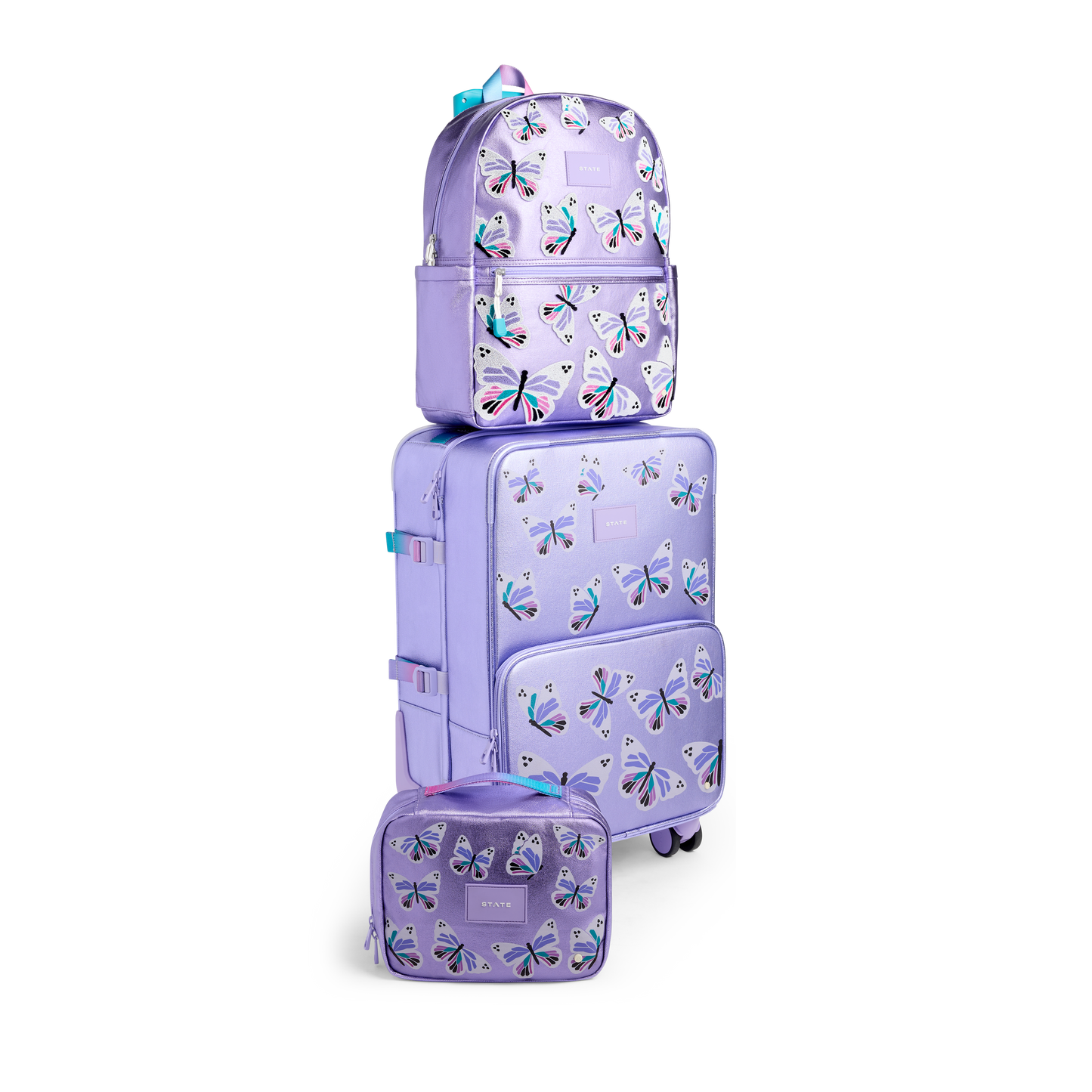 Set of purple butterfly-patterned luggage and backpack on a white background